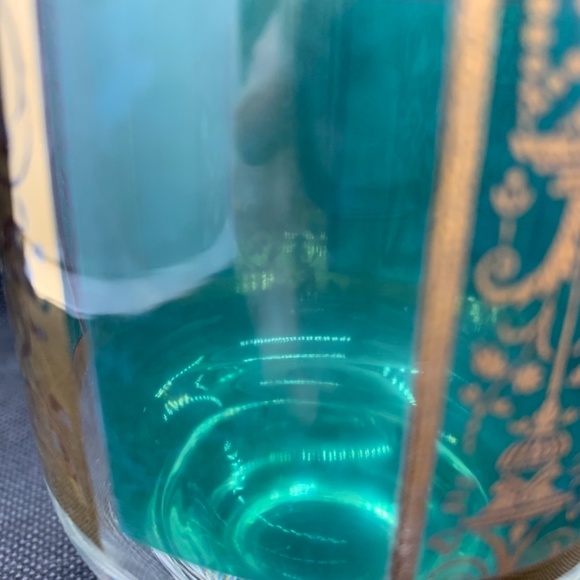 8 mid century low ball green and gold glasses with wooden glass caddy - Picture 13 of 13